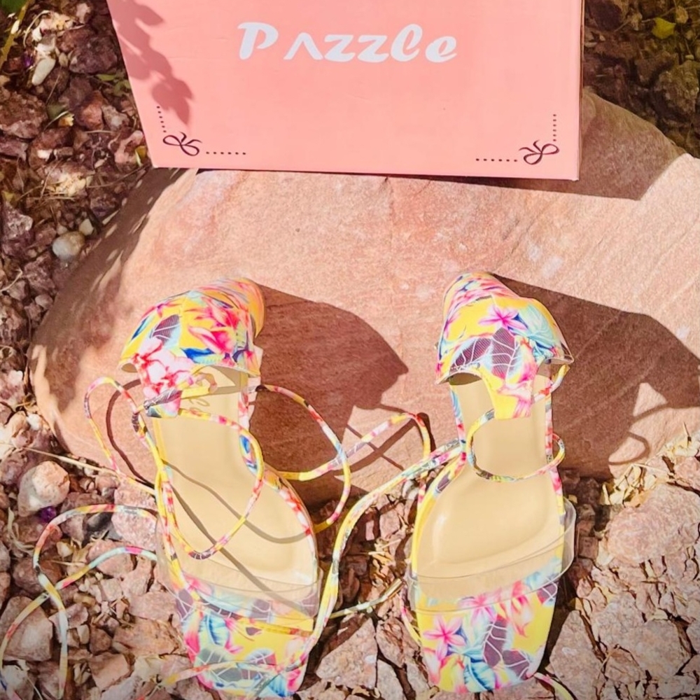 PAZZLE SANDALS, FLORAL PATTEREN THIN ANKLE STRAPS SIZE:10. HEELS:4.5". LIKE NEW!